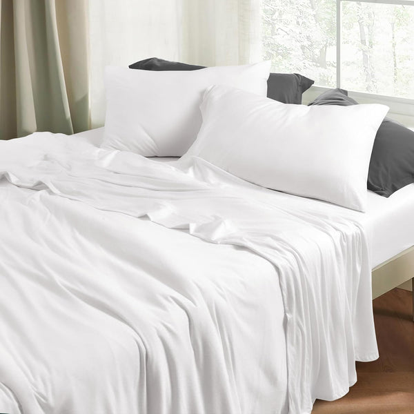 4 Piece 100% Cotton Jersey Bed Sheet Set - White