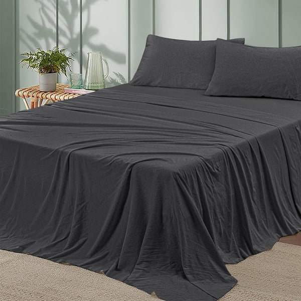 4 Piece 100% Cotton Jersey Bed Sheet Set - Charcoal
