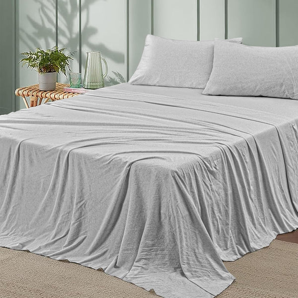 4 Piece 100% Cotton Jersey Bed Sheet Set - Light Grey