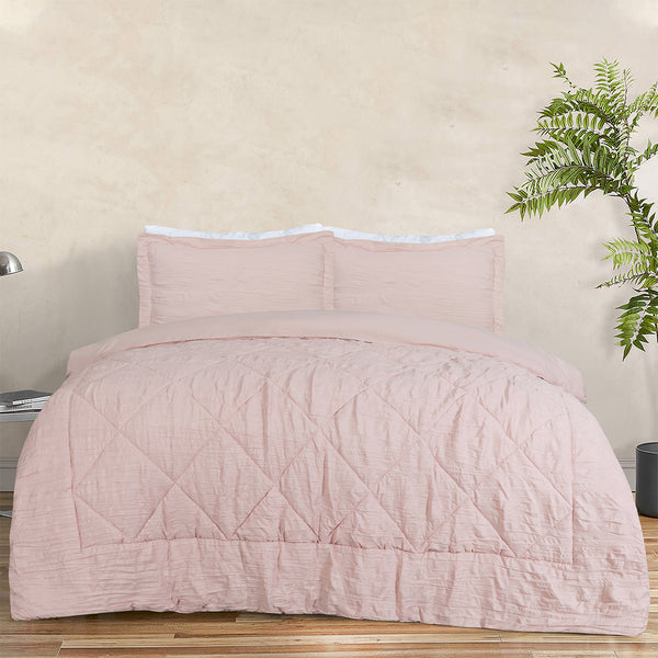 3 Pc Crinkled Comforter Set - Blush