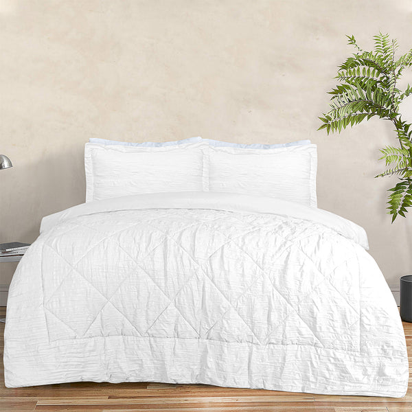 3 Pc Crinkled Comforter Set - White